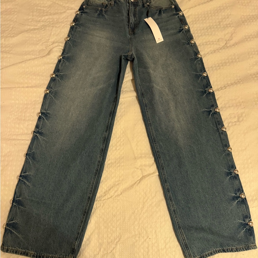 Blue Women's Jeans with Side Button Detail